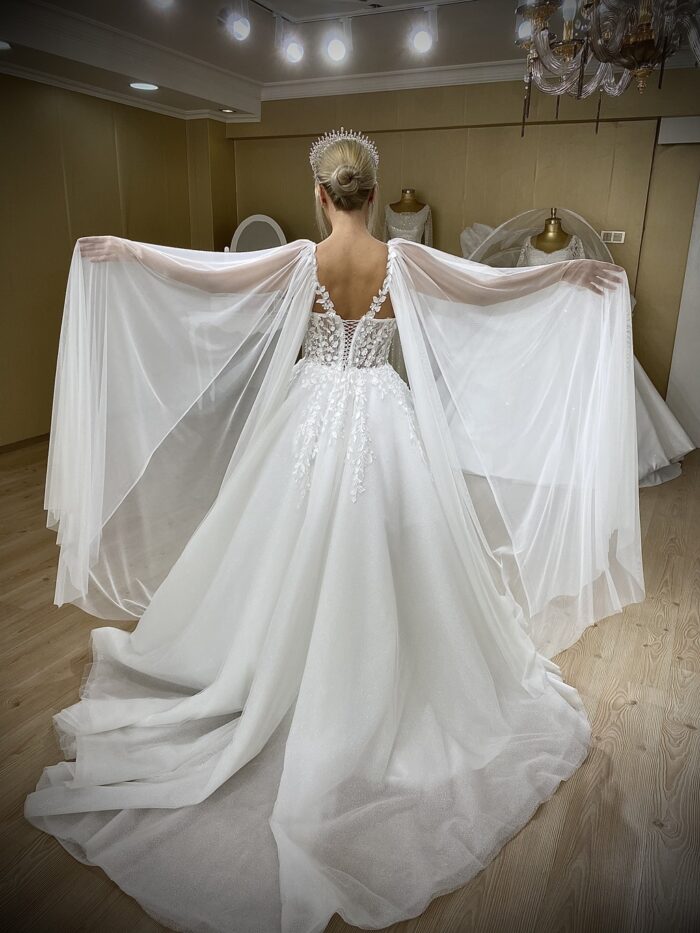 Roma - Wholesale wedding dress model with tulle cape, flower lace - back
